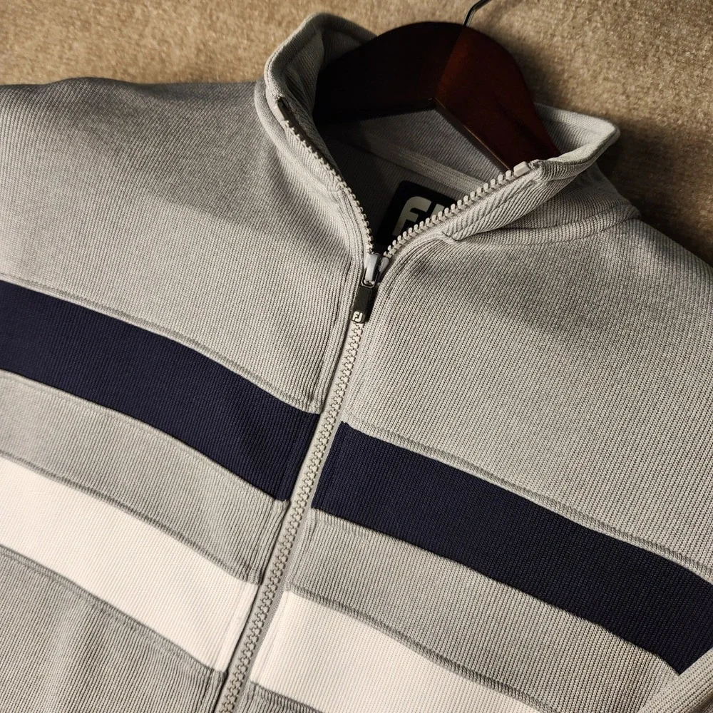 FootJoy Full Zip Sweater Mens L Gray Navy Striped Interlachen Country Club Golf